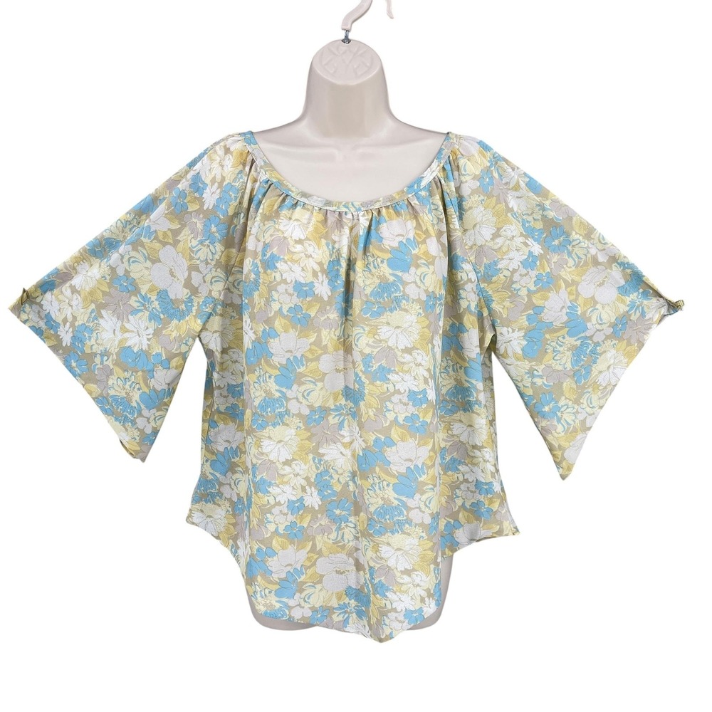 Boho Floral Shirt Women Retro Feminine Poncho Kimono Sleeve Peasant Top Size L